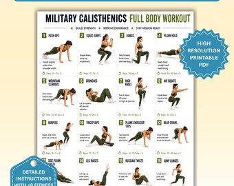 May include: A white informational poster titled Military Calisthenics Full Body Workout featuring twenty numbered exercise illustrations with text instructions, including push-ups, squats, lunges, and planks, in a grid layout with green accents.