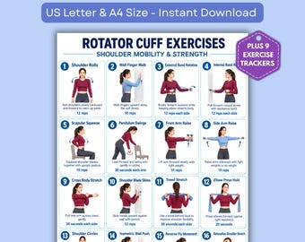 May include: A white instructional poster titled Rotator Cuff Exercises Shoulder Mobility & Strength featuring sixteen numbered illustrations of a person demonstrating various shoulder movements, plus a purple badge stating Plus 9 Exercise Trackers.