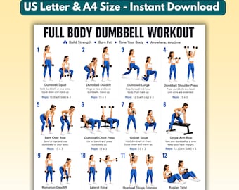 May include: A digital workout chart titled FULL BODY DUMBBELL WORKOUT with the text US Letter & A4 Size - Instant Download. It features sixteen numbered exercise illustrations showing individuals in blue athletic wear performing various dumbbell movements.