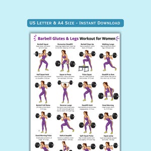 Poster mit Langhantel-Übungsplan für Gesäß und Beine (Frauen), Trainingsplan für den Unterkörper, Übungsroutine fürs Fitnessstudio, druckbarer Fitnessleitfaden