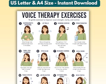 May include: A white instructional poster titled VOICE THERAPY EXERCISES featuring 12 numbered illustrations of a person demonstrating vocal techniques like diaphragmatic breathing, lip trills, humming, and stretches with text instructions for each.