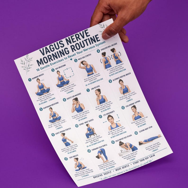 May include: A white informational chart titled Vagus Nerve Morning Routine featuring 16 numbered illustrations of a person in blue athletic wear performing gentle exercises with instructional text for each movement on a purple background.