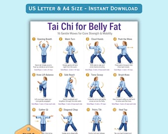 Tai Chi for Belly Fat Poster, Core Strength Exercise Chart, Printable Tai Chi Workout Guide, Balance Mobility Wall Art, Home Fitness