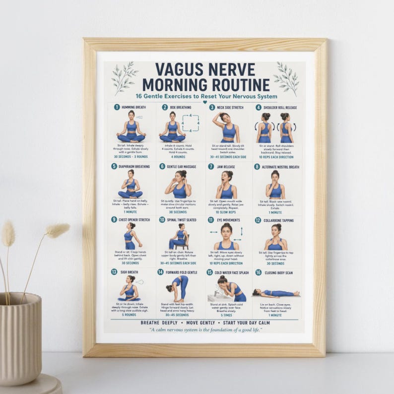May include: A framed instructional poster titled Vagus Nerve Morning Routine featuring 16 numbered illustrations of a person in blue athletic wear performing gentle exercises to reset the nervous system, with text instructions for each movement.