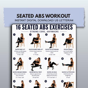Op de afbeelding: Digitale download fitnessgids getiteld "SEATED ABS WORKOUT" met 16 zittende buikspieroefeningen. De gids bevat illustraties en instructies voor elke oefening, zoals knieliften, beenverlengingen en crunches. De oefeningen zijn ontworpen om de core te versterken.