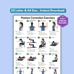 May include: A digital poster titled Posture Correction Exercises featuring sixteen numbered instructional diagrams with text descriptions for various physical movements. The document includes a purple badge stating PLUS 9 EXERCISE TRACKERS and text indicating US Letter & A4 Size.
