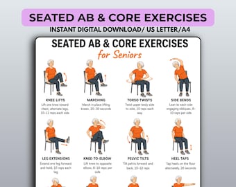 May include: A digital instructional chart titled SEATED AB & CORE EXERCISES for Seniors. It features twelve illustrations of a person in an orange shirt and dark pants performing seated movements like knee lifts, marching, torso twists, and side bends.