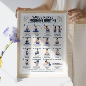 May include: A framed instructional poster titled Vagus Nerve Morning Routine, featuring 16 numbered illustrations of a person in blue athletic wear performing gentle exercises. The text includes instructions for breathing, stretching, and body movements.