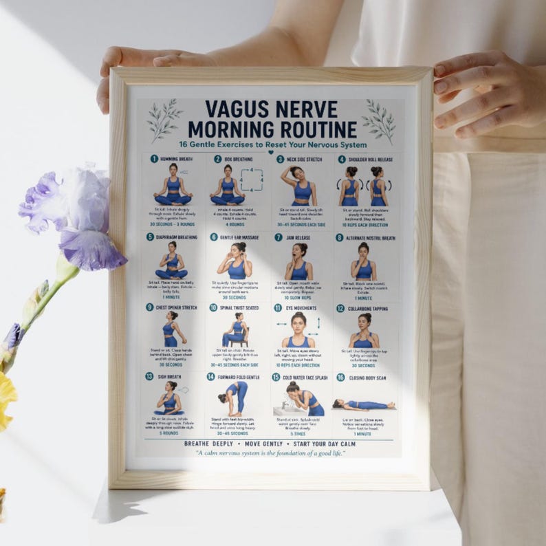 May include: A framed instructional poster titled Vagus Nerve Morning Routine, featuring 16 numbered illustrations of a person in blue athletic wear performing gentle exercises. The text includes instructions for breathing, stretching, and body movements.