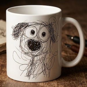 May include: A white ceramic mug featuring a black ink drawing of a dog. The illustration is created with a scribbled, loose line style, depicting a dog with large circular eyes, a prominent dark nose, and floppy ears on the front surface.