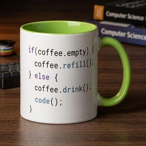 May include: A white ceramic mug with a bright lime green interior and handle. The exterior features black, purple, and blue programming code text that reads: if(coffee.empty) { coffee.refill(); } else { coffee.drink(); code(); }.