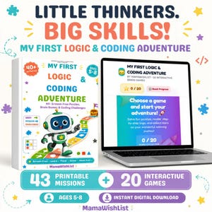 May include: A product box and a laptop screen displaying My First Logic & Coding Adventure. The box features a white robot, a colourful path, and text including Little Thinkers, Big Skills, and 40+ activities for ages 5-8.