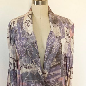 vintage 1980s pastel blazer / medium women's abstract patterned jacket / oversized blue purple coat gold button / oversized