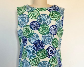 sukienka w stylu vintage z lat 60. / sukienka bez rękawów w kolorze niebiesko-zielonym i białym / sukienka w rozmiarze od małego do średniego / sukienka o kroju sukienki o kroju sukienki do kolan / lata 60.