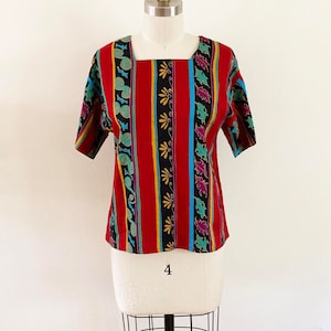 vintage 1990s women&#39;s patterned blouse / medium boxy short sleeved top / colorful floral geometric shirt / red yellow green gold black