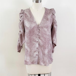 vintage 1990s cream and purple blouse with ruched sleeves / small medium shiny women&#39;s button up top / button down V neck shirt