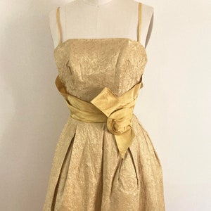 vintage 1960s gold formal dress / fancy brocade party dress / dress with decorative bow / full skirt with crinoline / extra extra small