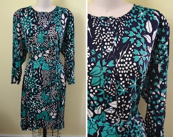 vintage 1970s Averardo Bessi dress / cotton blue and green patterned dress / large to extra large plus size vintage floral dress  / as is