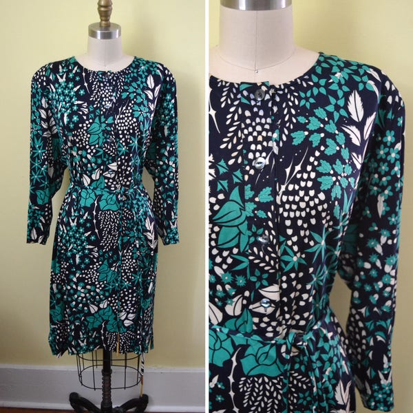 vintage 1970s Averardo Bessi dress / cotton blue and green patterned dress / large to extra large plus size vintage floral dress  / as is