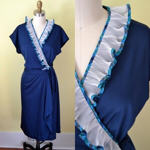 vintage 1970s navy blue wrap dress / Medium vintage short sleeve formal dress with ruffle and plaid detail / vintage formal dress
