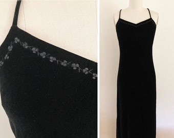vintage 1990s black velvet gown / long black strappy dress / Express dress / V neck floral detail crossover straps / ankle length dress