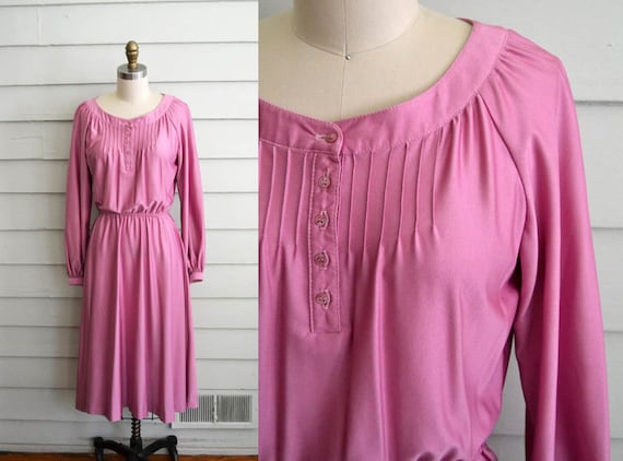 1970s long sleeve pink fit and flare dress / Medi… - image 1