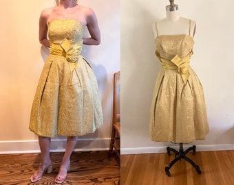 vintage 1960s gold formal dress / fancy brocade party dress / dress with decorative bow / full skirt with crinoline / extra extra small