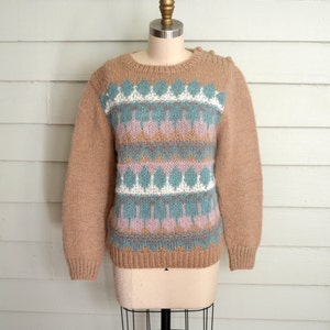 1960s hand knit sweater in tan pink white grayish-purple blue / Small Medium Large vintage ladies fuzzy sweater / crew neck pullover jumper