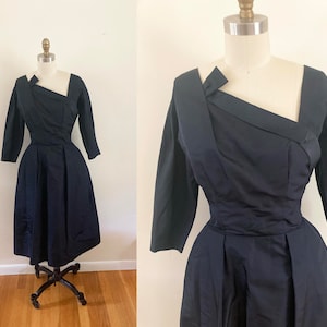 1950s 1960s black formal dress / vintage fifties party dress / long sleeve black dress / taffeta dress / LBD