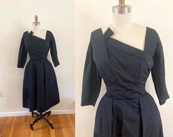 1950s 1960s black formal dress / vintage fifties party dress / long sleeve black dress / taffeta dress / LBD