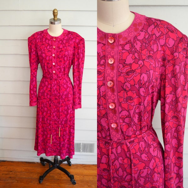 vintage 1970s Averardo Bessi dress / silk pink red black patterned dress / large to extra large plus size vintage dress / floral dress