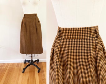 vintage 1990s midi skirt / Medium to Large checkered patterned skirt / brown and black pencil skirt / high waisted straight skirt