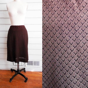 1960s or 70s chocolate brown open knit pencil skirt / Medium to Large vintage lacy brown skirt