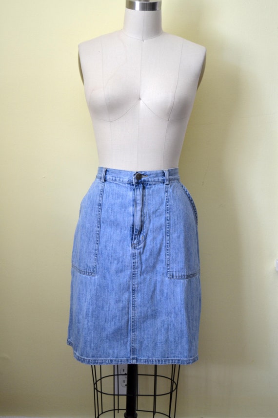 high waisted knee length denim skirt