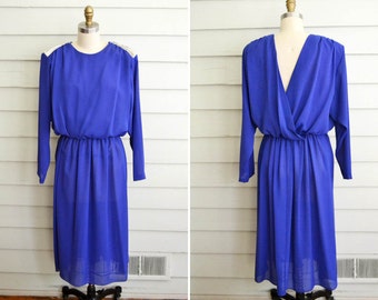 ON SALE! 1980s bright purple-blue formal dress with silver shoulder beading / Medium to Large vintage open back draped dress / elastic waist