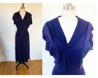 vintage 1940s rayon crepe navy blue dress with beading / small to medium short sleeved dress / midi dress with iridescent beads