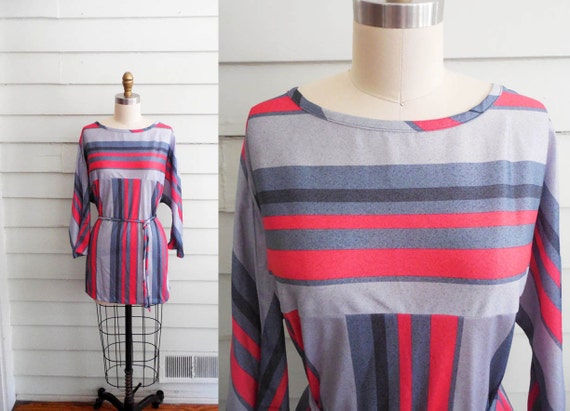 1970s striped tunic in red and gray / Medium to L… - image 1
