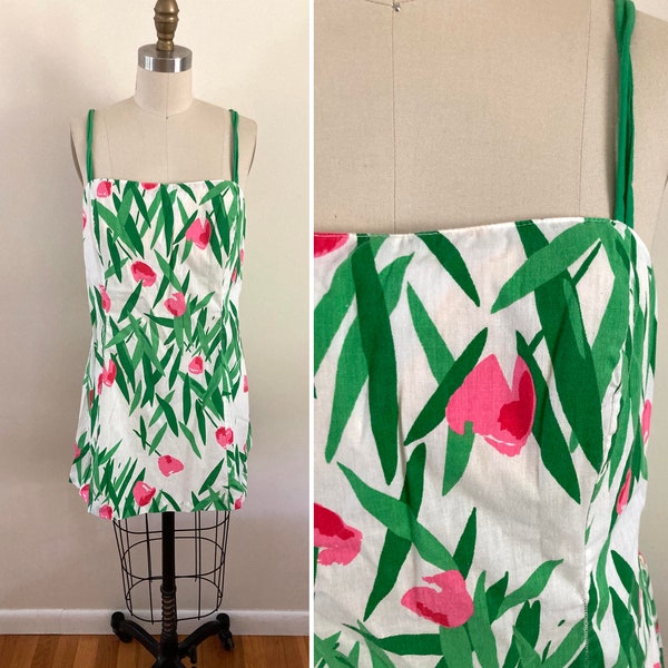 medium to large vintage 1960s playsuit / pink and green tulip patterned sun suit / mini dress with built-in bra / cotton romper by Gabar