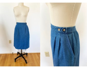 medium to large vintage 1970s denim skirt / midi skirt / high waisted a-line skirt with buttons and pockets / Talbot's jean skirt