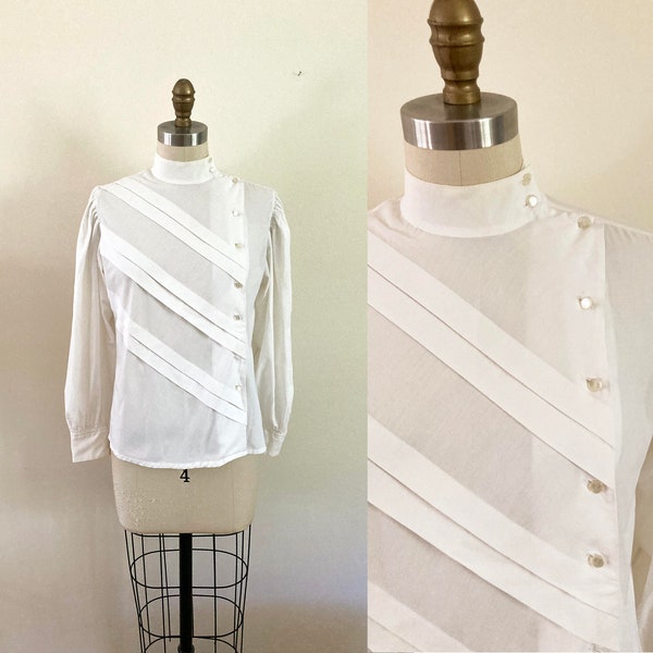 vintage 1980s Ted Sollod blouse / small medium fitted women's button up top / button down high collared shirt / white blouse with diagonals