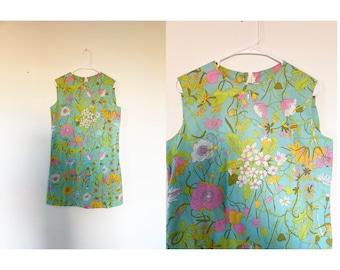 vintage 1960s romper / colorful floral sleeveless dress with skort / small to medium mod tank dress / knee length shift / sixties play suit