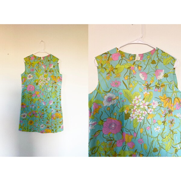 vintage 1960s romper / colorful floral sleeveless dress with skort / small to medium mod tank dress / knee length shift / sixties play suit