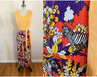 vintage 1970s maxi dress with zebra pattern / small to medium tank dress / summer dress with novelty pattern in bright purple orange