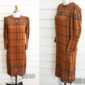 1980s or 90s silk shift dress / Small to Medium vintage long sleeve dress with stripes and ethnic print / avant garde brown dress