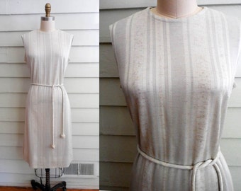 1970s silvery gray shift dress with stripes and belt / Small to Medium vintage midi tank dress from Bleeker Street