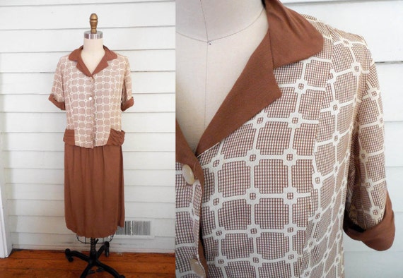 1950s two piece brown and white skirt set / Small… - image 1