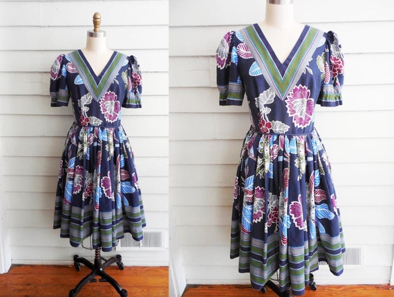 1950s Blue, Purple and Green Flowered Dress / Small to Medium 