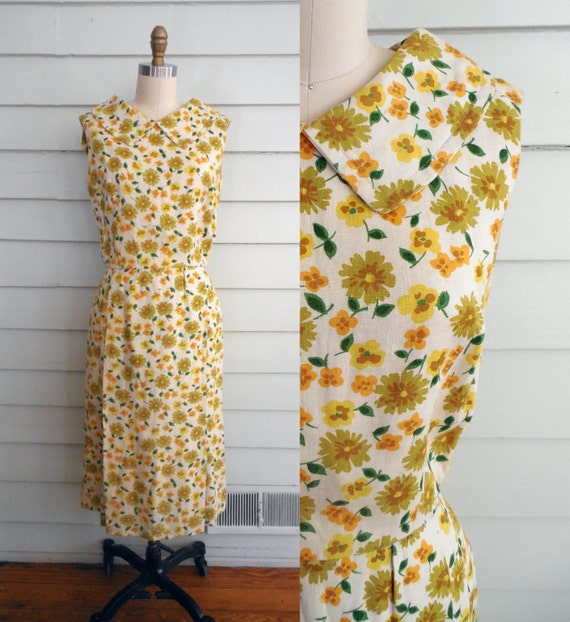 1950s yellow and green floral linen shift dress /… - image 1