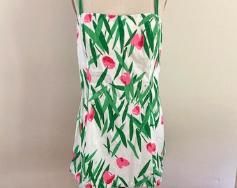 Mono vintage de los años 60, talla mediana a grande, traje de sol con estampado de tulipanes rosas y verdes, minivestido con sujetador incorporado y mono de algodón de Gabar.