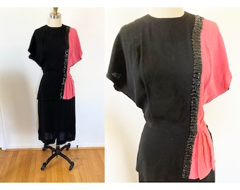 vintage 1940s 1950s style crape rayon two tone dress / black and pink formal or party dress / asymmetrical dress with peplum and sequins